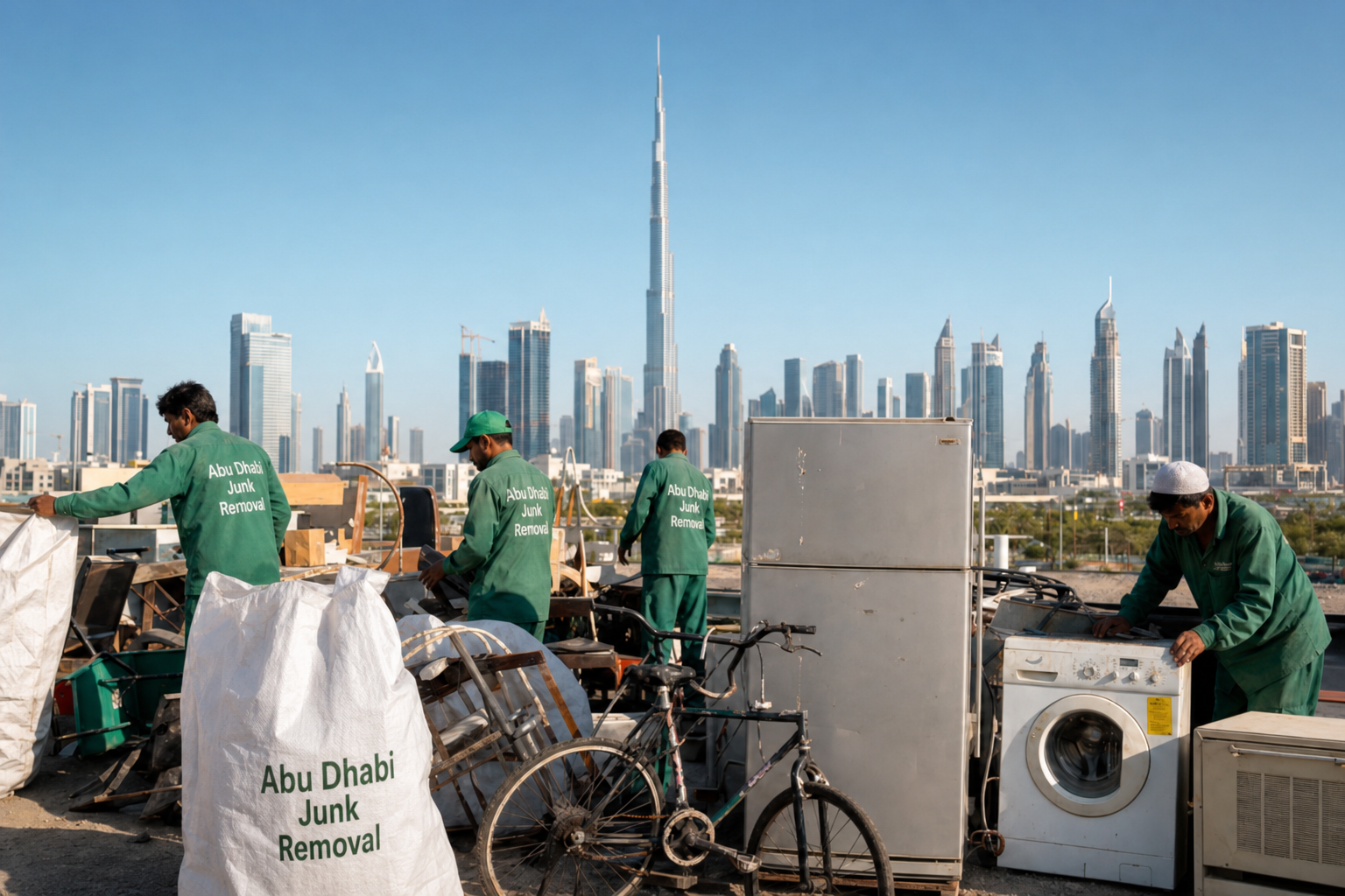Junk sorting and donations near Dubai skyline