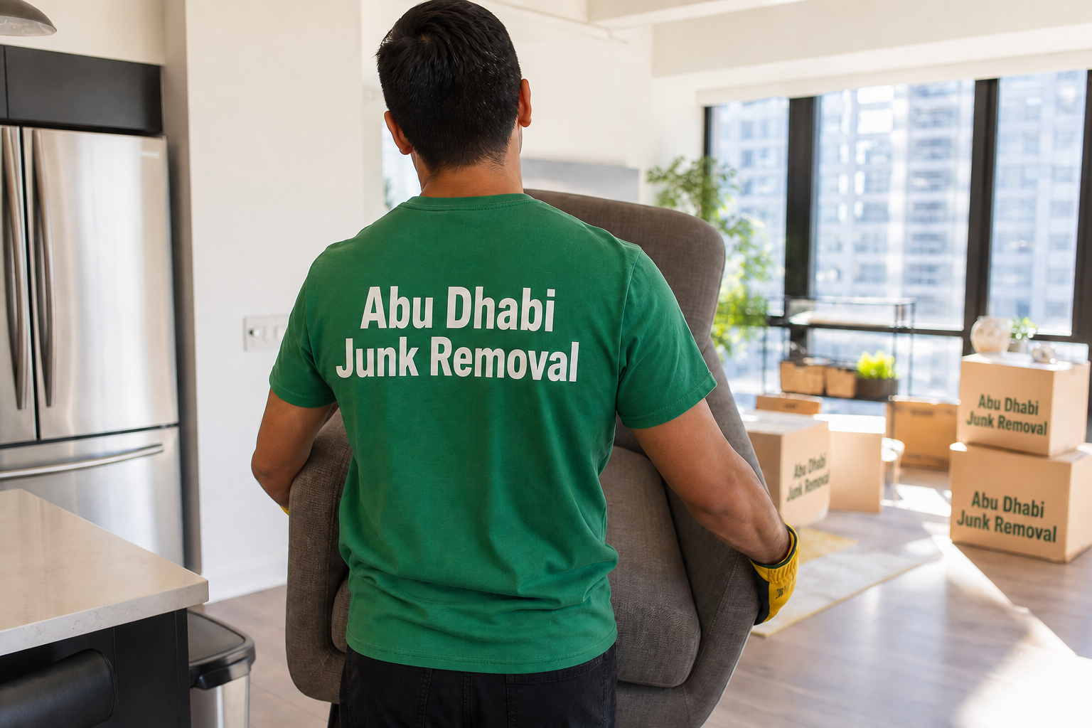 Worker carrying an armchair during free junk removal