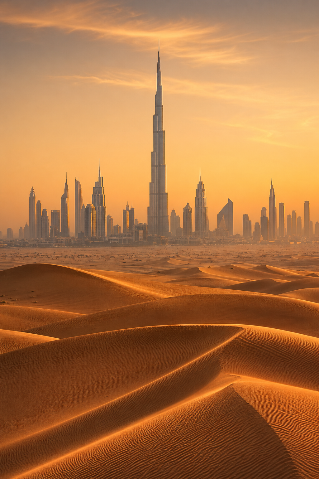 Dubai skyline across desert dunes
